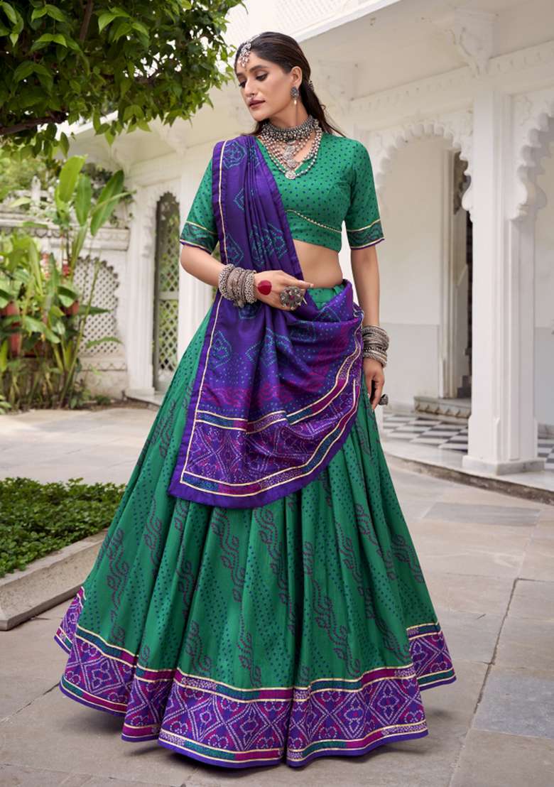 Navy Blue Printed Silk Blend Lehenga Set - Indya