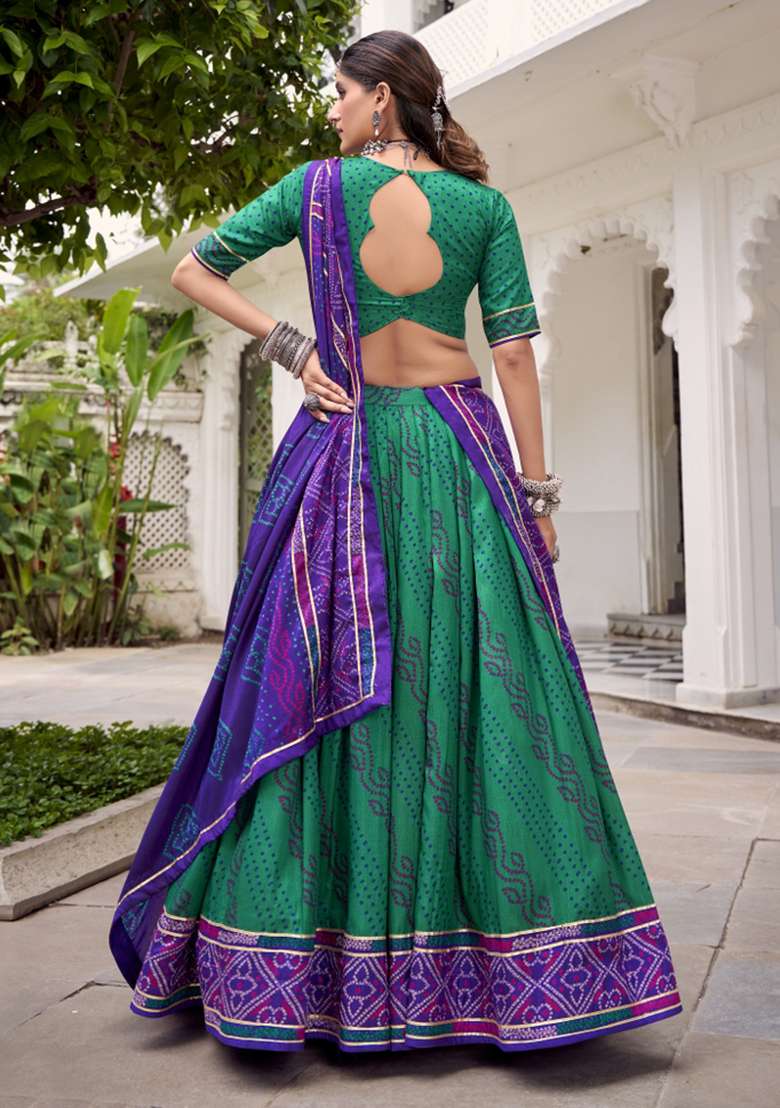 Navy Blue Printed Silk Blend Lehenga Set - Indya