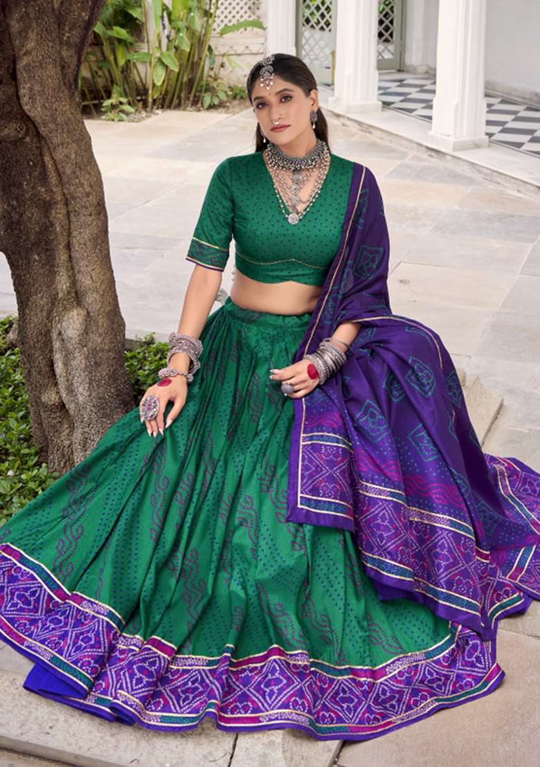 Navy Blue Printed Silk Blend Lehenga Set - Indya