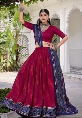 Navy Blue Printed Silk Lehenga Set