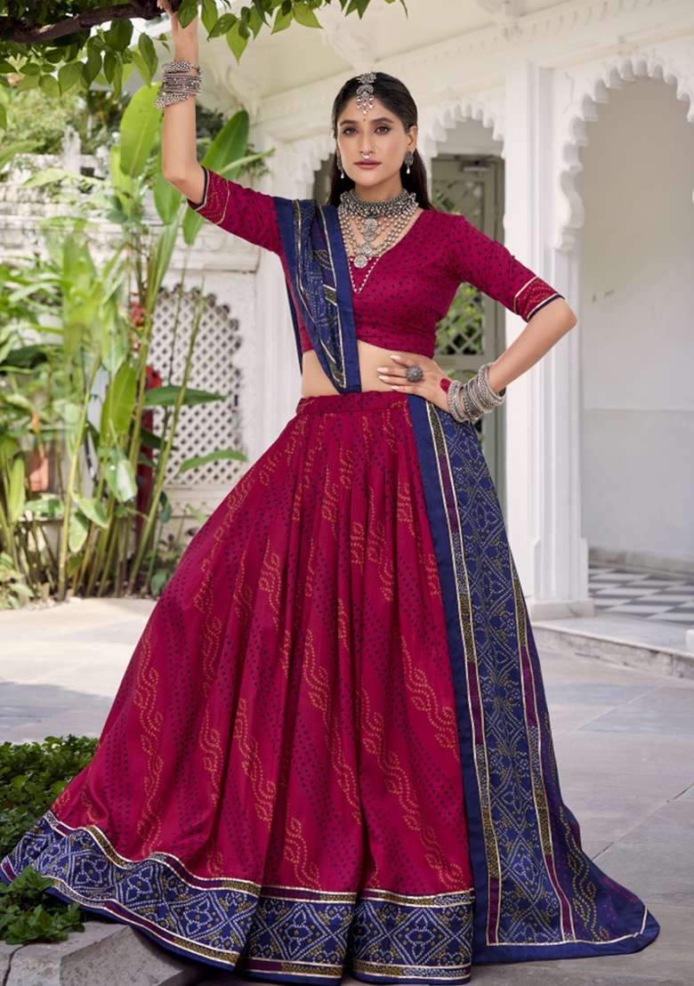 Navy Blue Printed Silk Blend Lehenga Set - Indya
