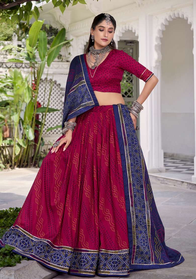 Navy Blue Printed Silk Blend Lehenga Set - Indya