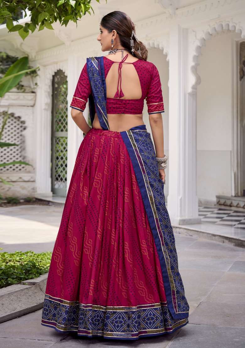 Navy Blue Printed Silk Blend Lehenga Set - Indya