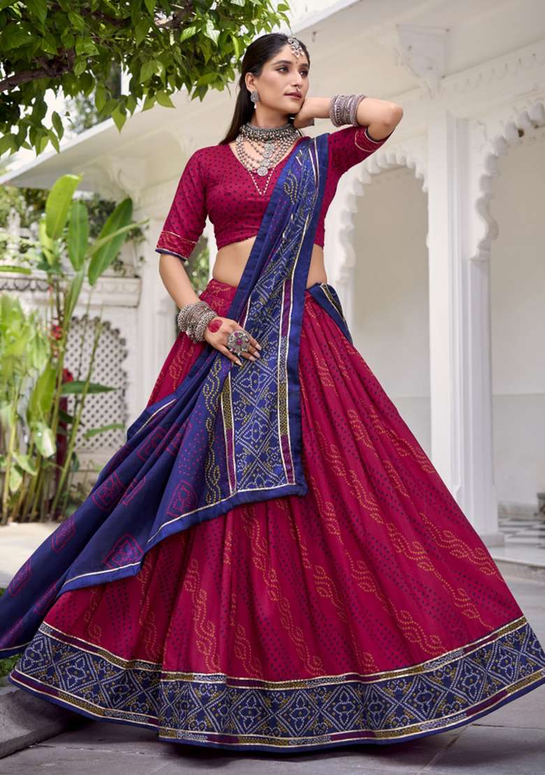 Navy Blue Printed Silk Blend Lehenga Set - Indya