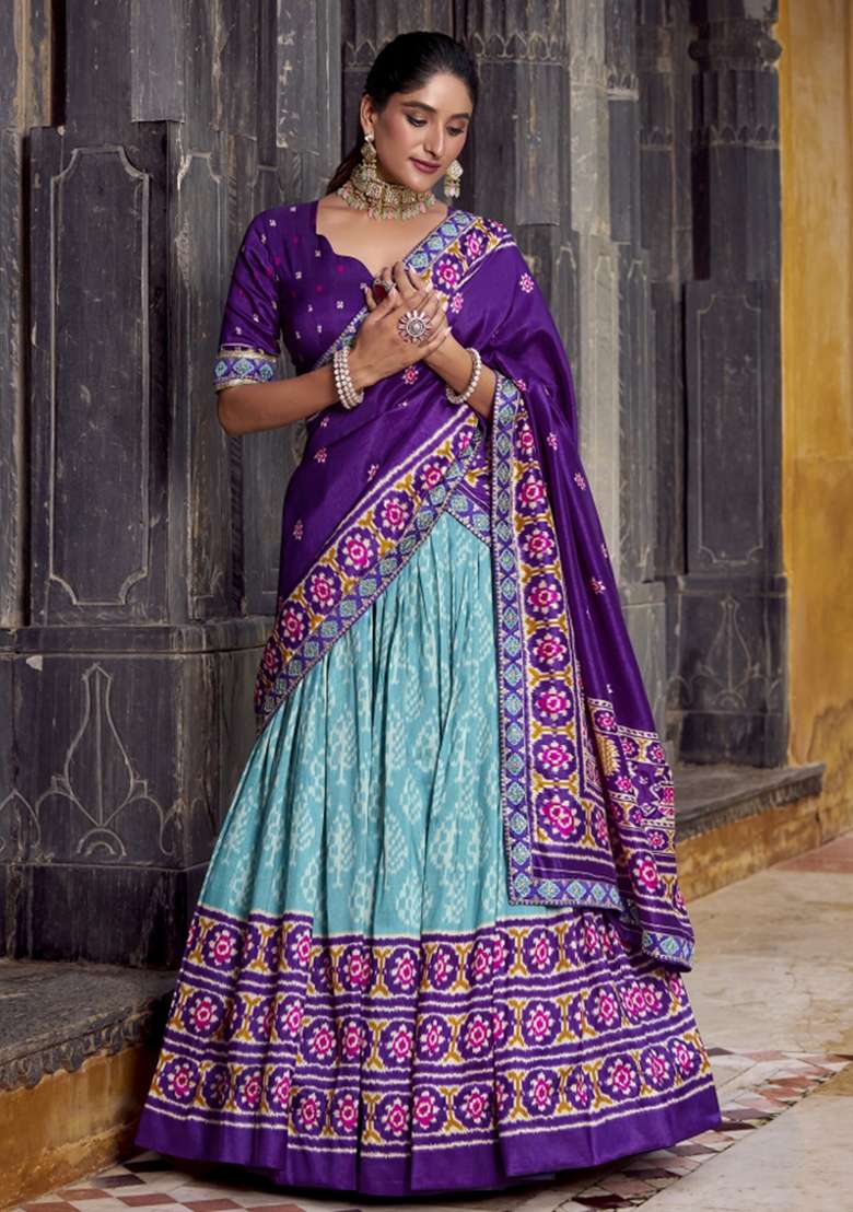 Navy Blue Silk Blend Lehenga Set with Printed for Diwali | Wedding & Festive Wear - Indya