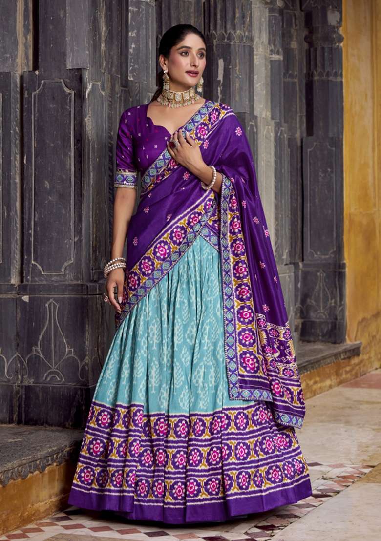 Navy Blue Silk Blend Lehenga Set with Printed for Diwali | Wedding & Festive Wear - Indya