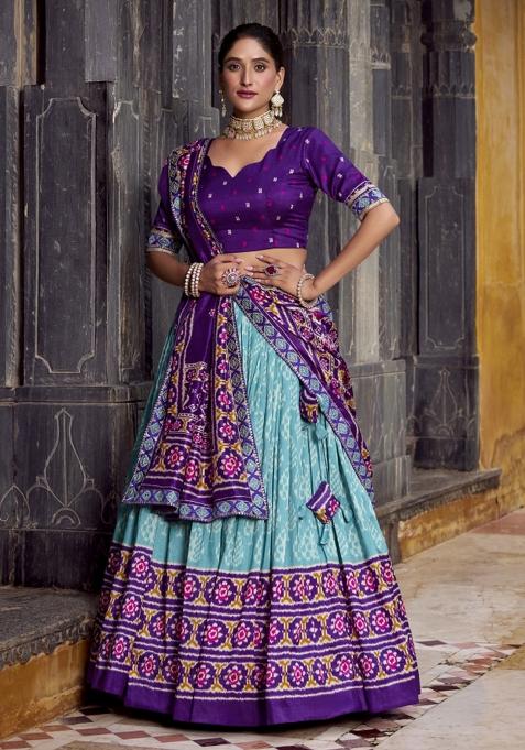 Navy Blue Printed Silk Lehenga Set