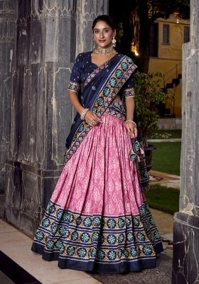 Navy Blue Printed Silk Lehenga Set