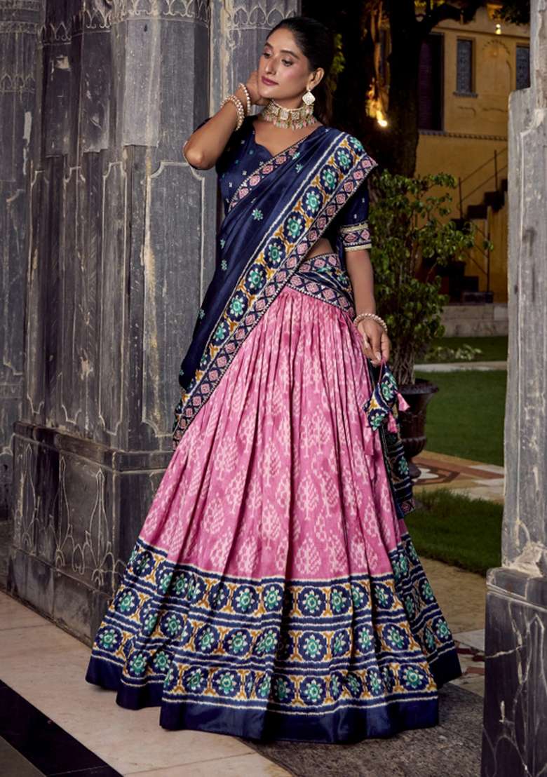 Navy Blue Printed Silk Blend Lehenga Set for Diwali and Festive Wear - Indya