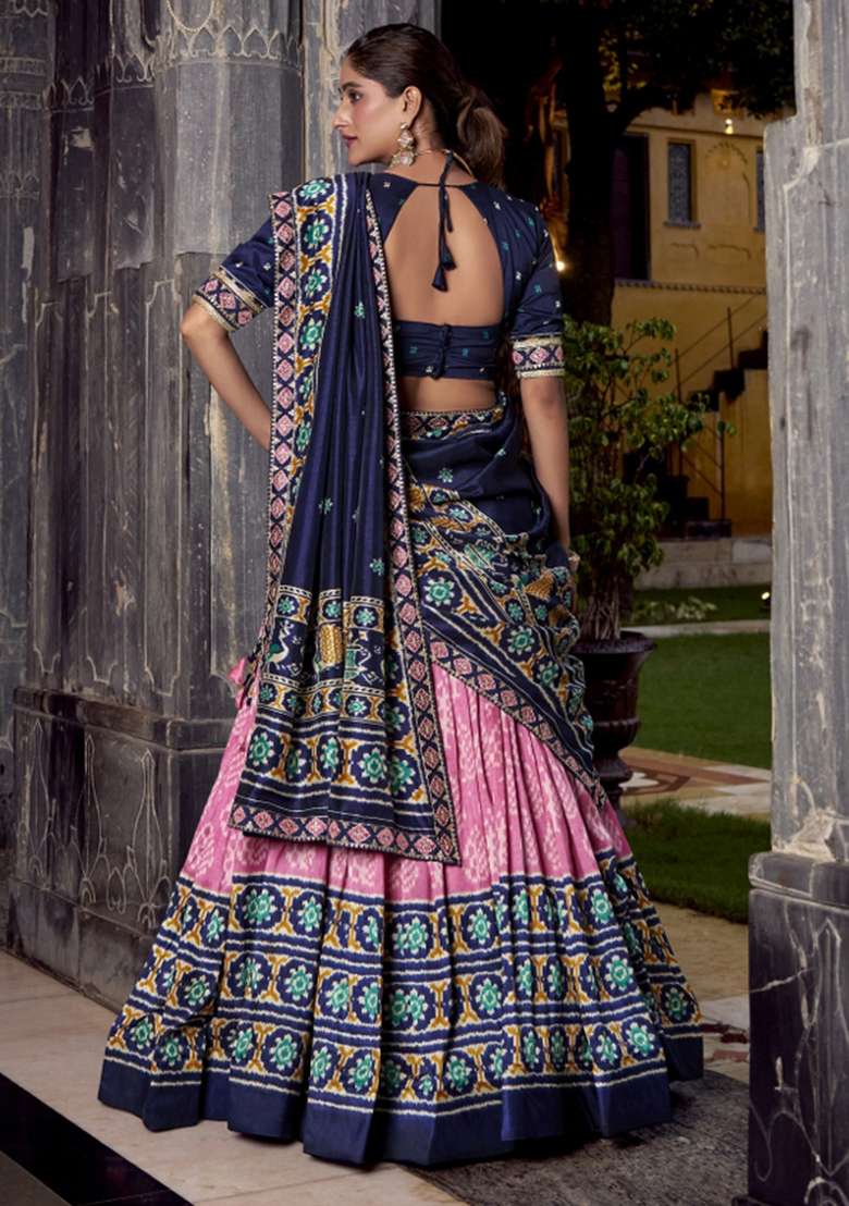 Navy Blue Printed Silk Blend Lehenga Set for Diwali and Festive Wear - Indya