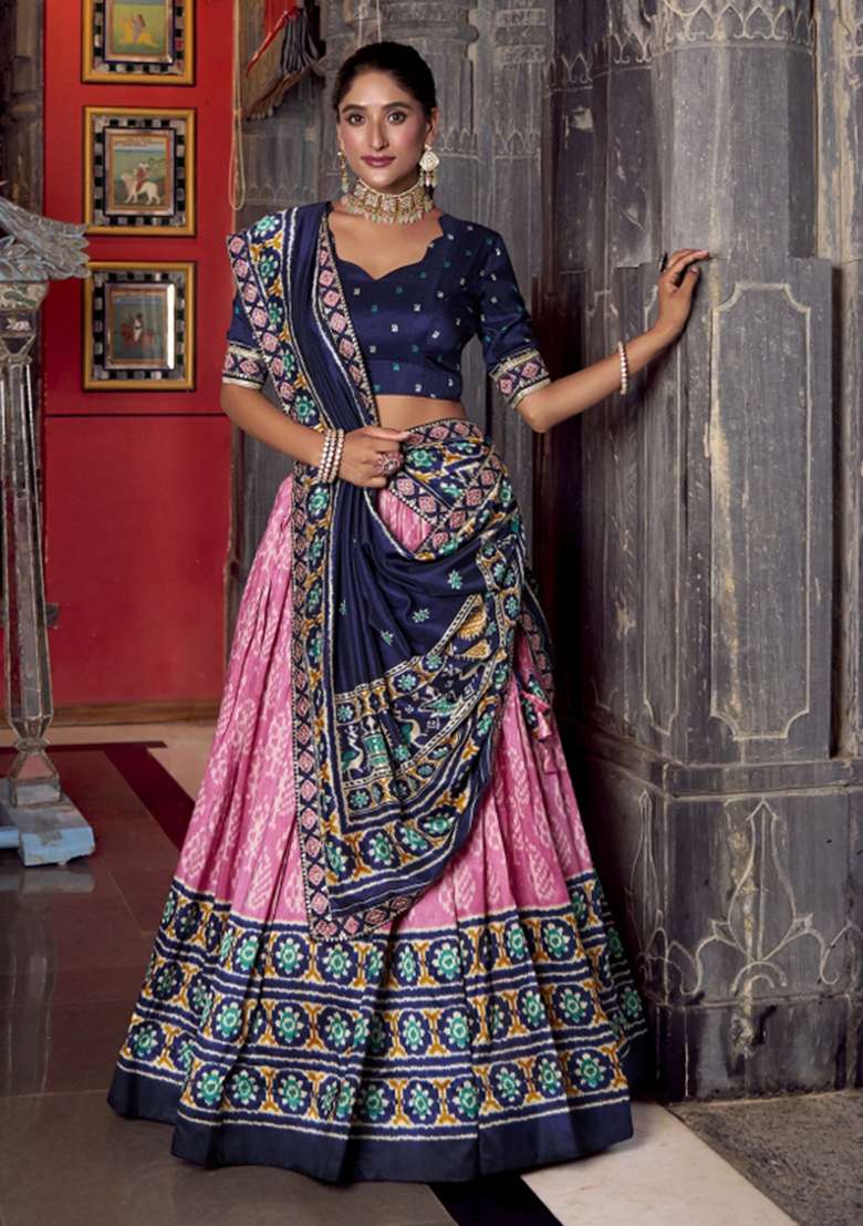 Navy Blue Printed Silk Blend Lehenga Set for Diwali and Festive Wear - Indya