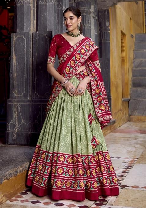 Navy Blue Printed Silk Lehenga Set