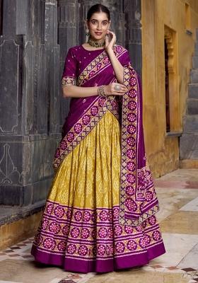 Navy Blue Printed Silk Lehenga Set