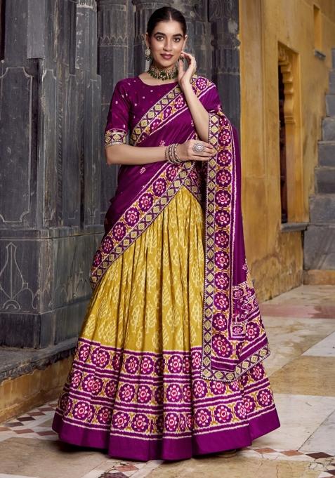Navy Blue Printed Silk Lehenga Set