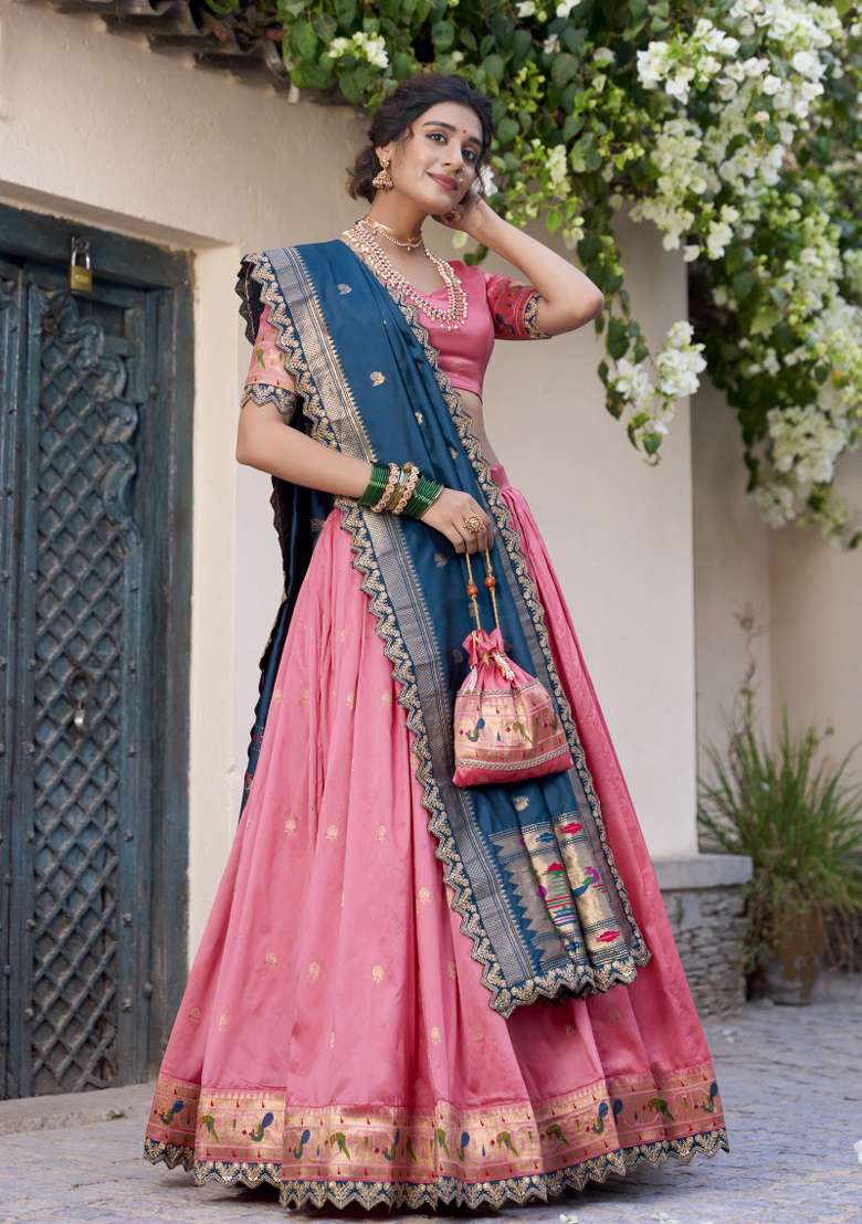 Navy Blue Silk Blend Lehenga Set with Embroidered for Diwali | Wedding & Festive Wear - Indya