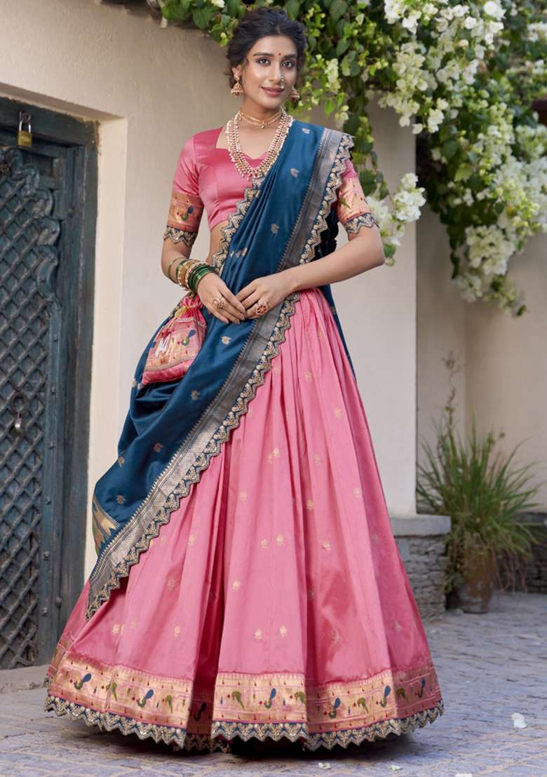 Navy Blue Silk Blend Lehenga Set with Embroidered for Diwali | Wedding & Festive Wear - Indya