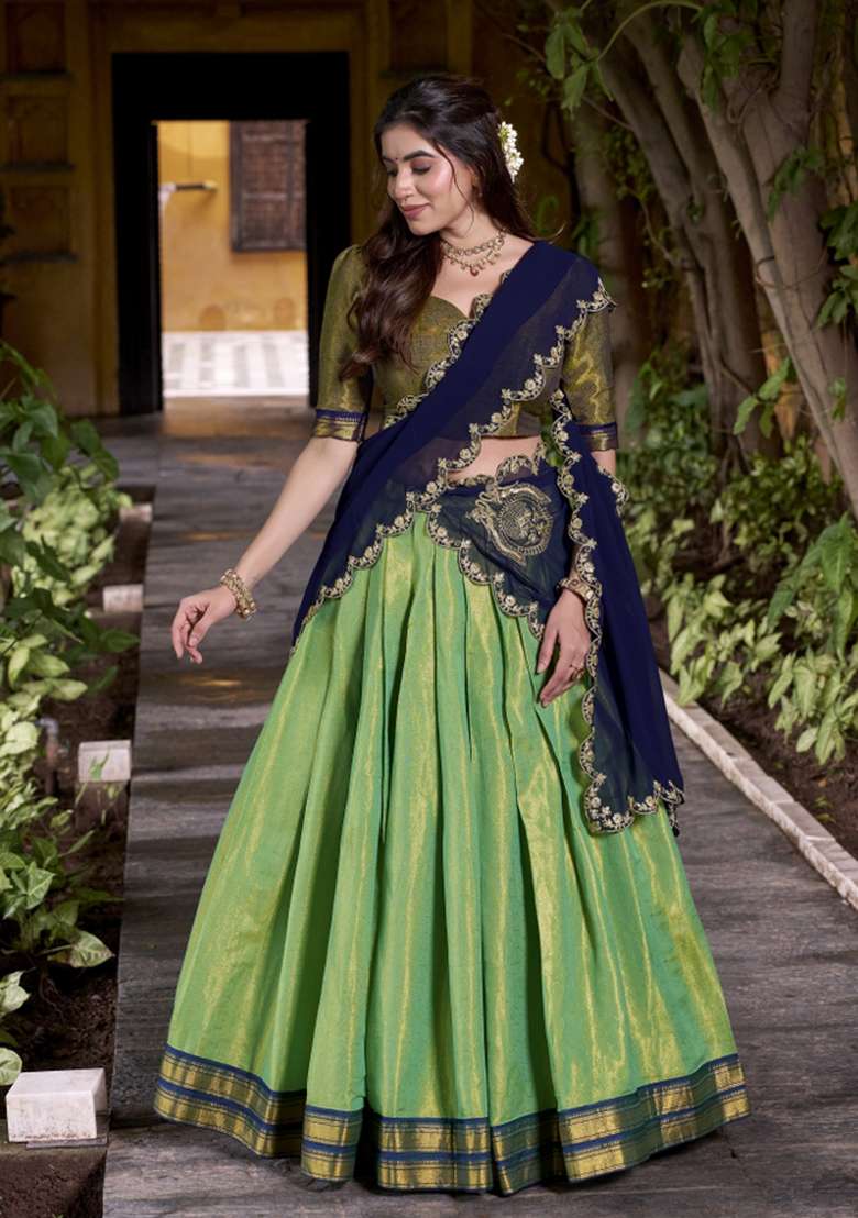 Navy Blue Zari Work Silk Blend Lehenga Set for Diwali and Festive Wear - Indya