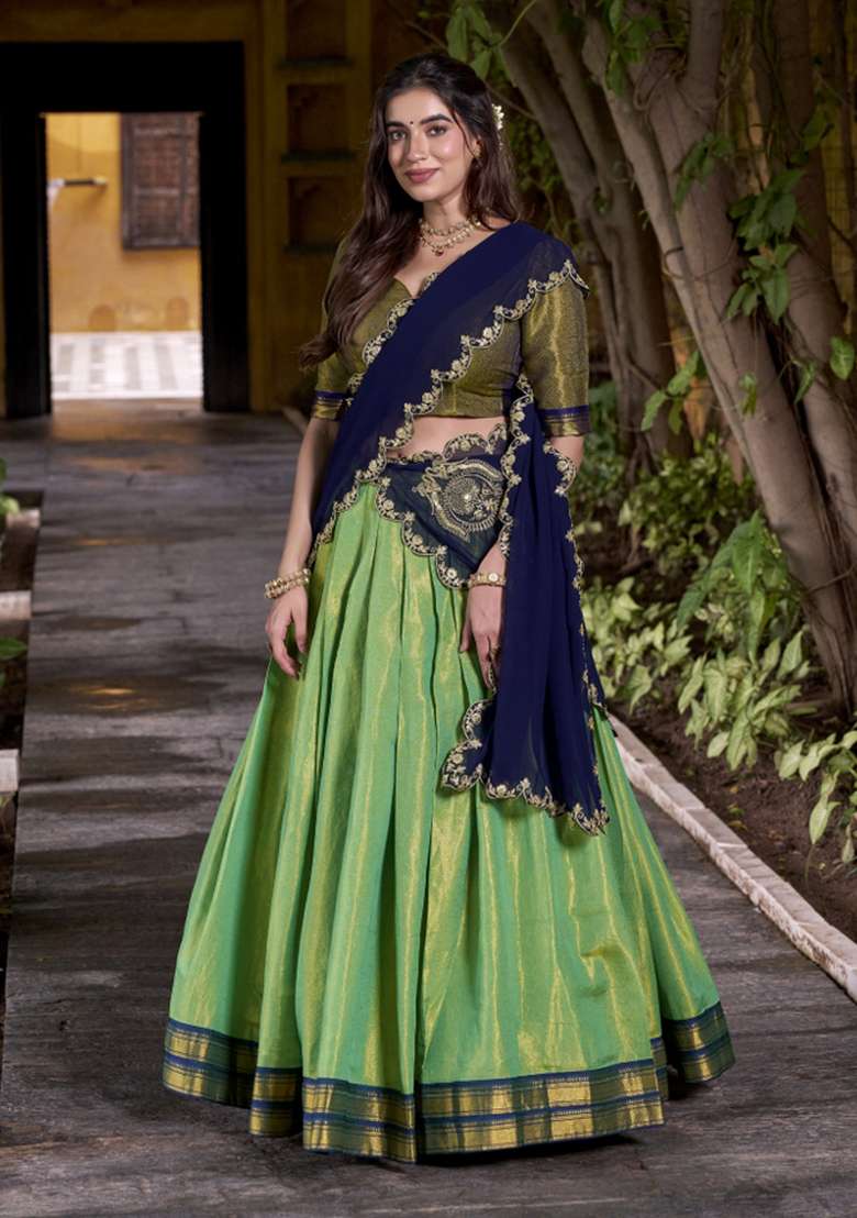 Navy Blue Zari Work Silk Blend Lehenga Set for Diwali and Festive Wear - Indya