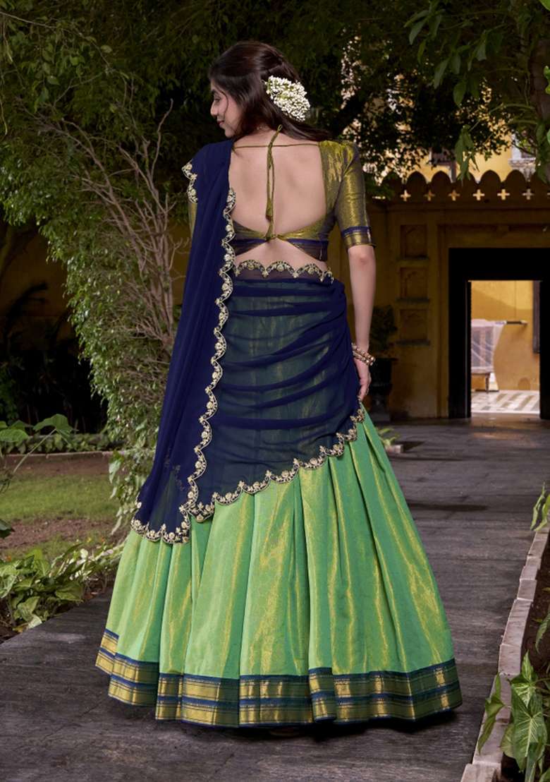 Navy Blue Zari Work Silk Blend Lehenga Set for Diwali and Festive Wear - Indya