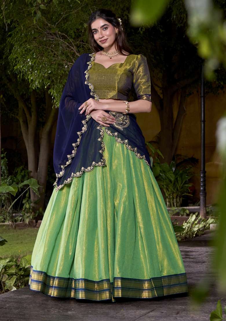 Navy Blue Zari Work Silk Blend Lehenga Set for Diwali and Festive Wear - Indya