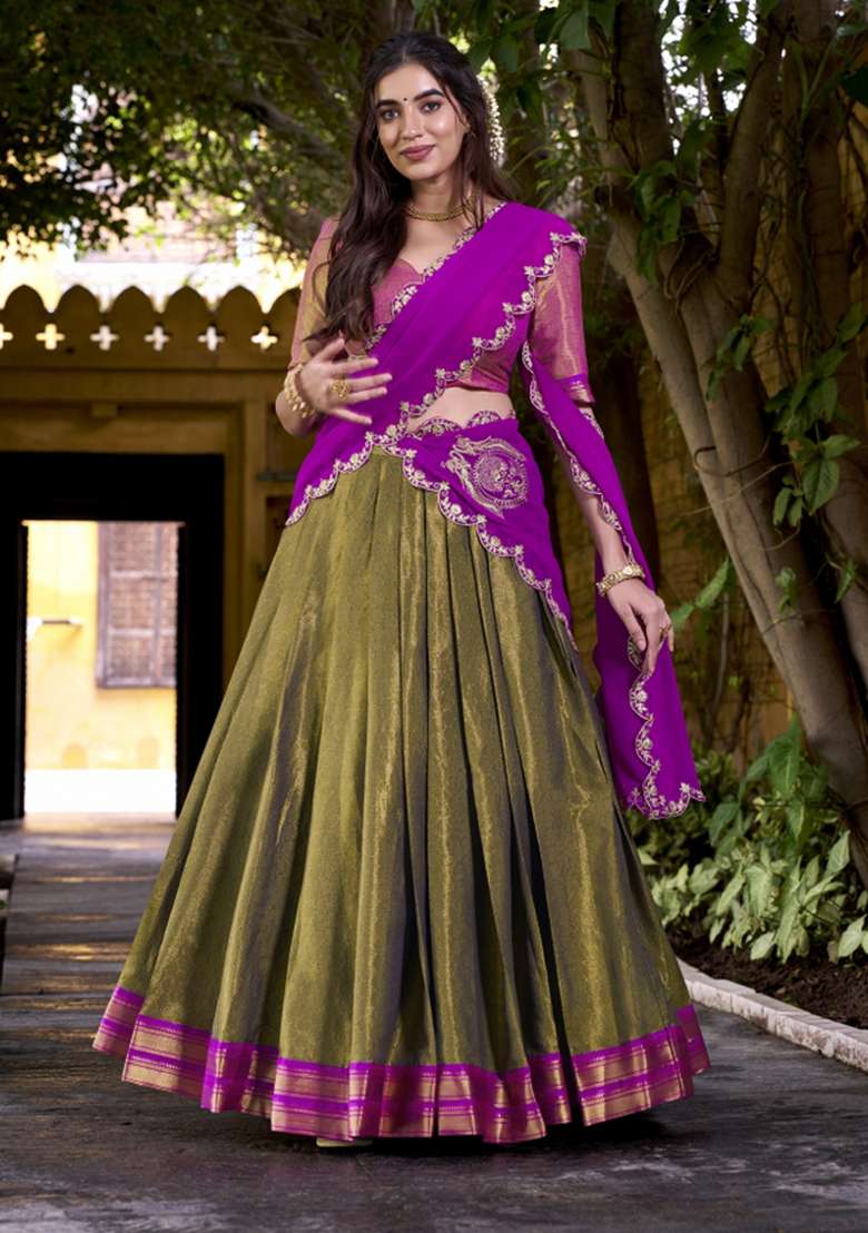 Navy Blue Zari Work Silk Blend Lehenga Set for Diwali and Festive Wear - Indya