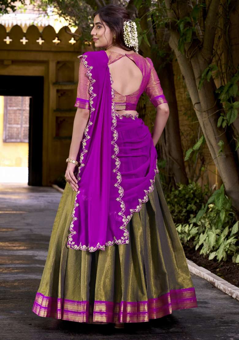 Navy Blue Zari Work Silk Blend Lehenga Set for Diwali and Festive Wear - Indya