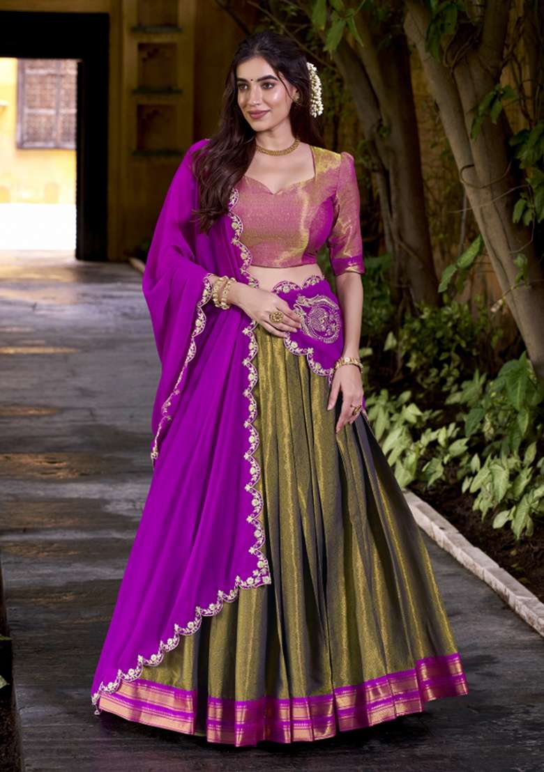Navy Blue Zari Work Silk Blend Lehenga Set for Diwali and Festive Wear - Indya