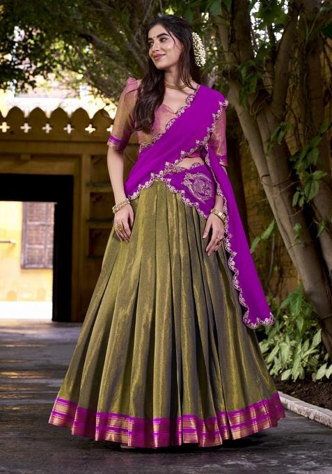 Navy Blue Zari Work Silk Lehenga Set