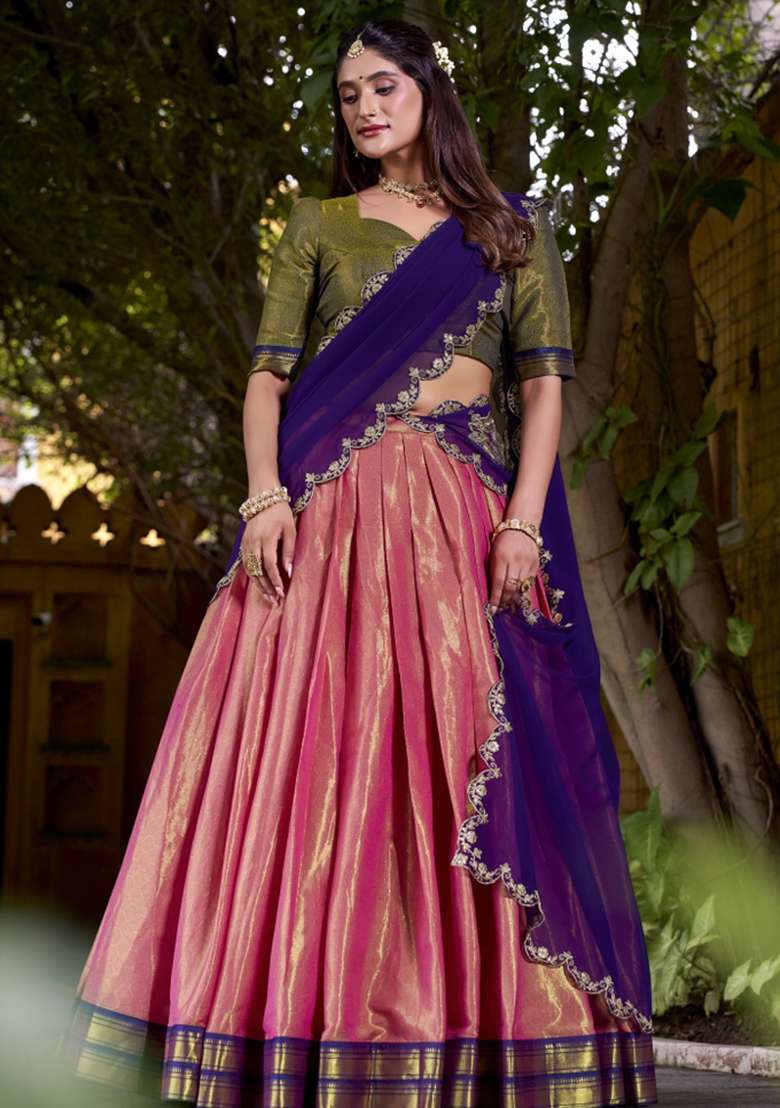 Navy Blue Zari Work Silk Blend Lehenga Set - Indya