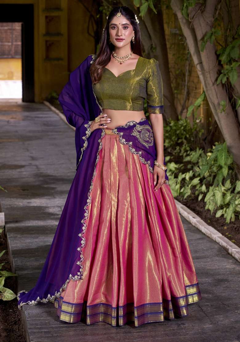Navy Blue Zari Work Silk Blend Lehenga Set - Indya