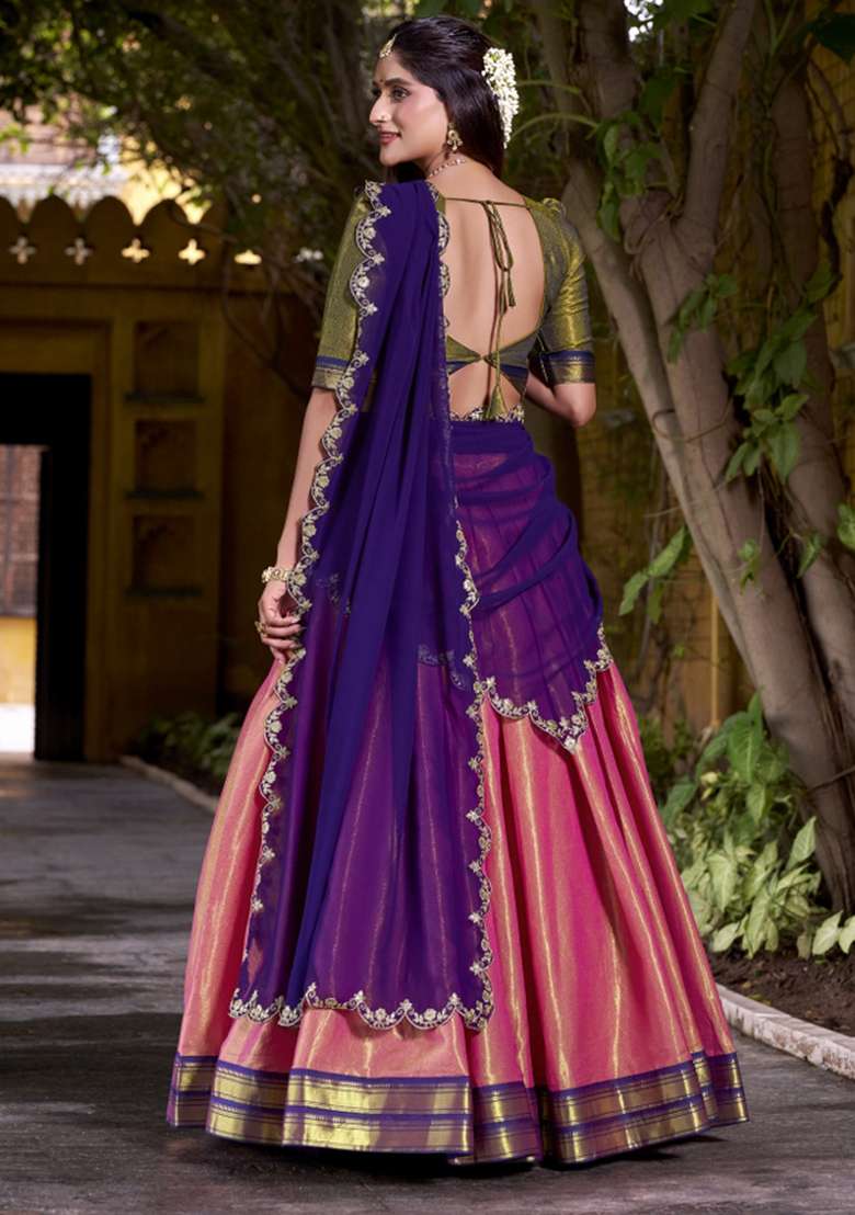 Navy Blue Zari Work Silk Blend Lehenga Set - Indya