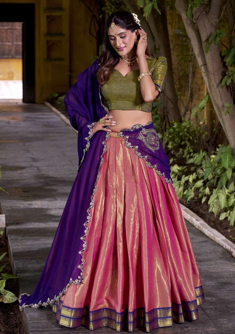 Navy Blue Zari Work Silk Blend Lehenga Set - Indya