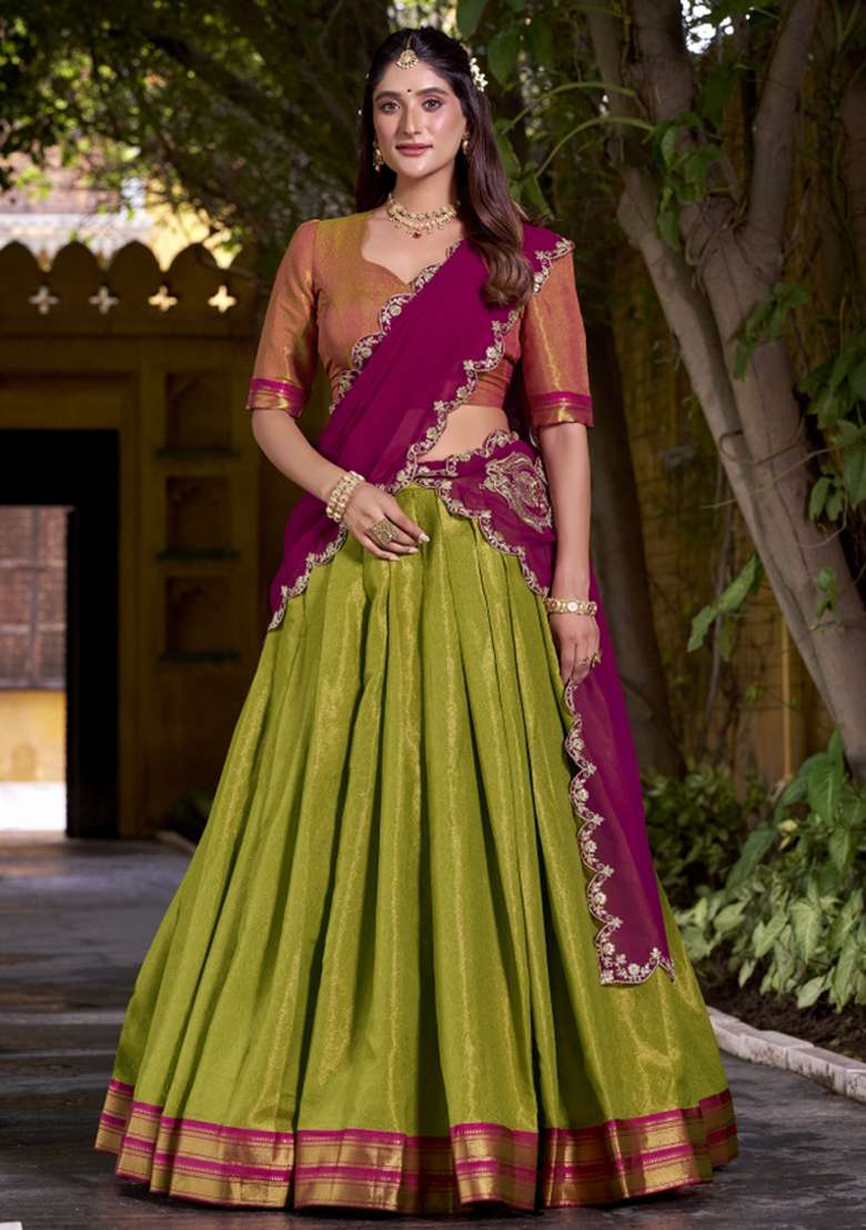Navy Blue Zari Work Silk Lehenga Set - Indya