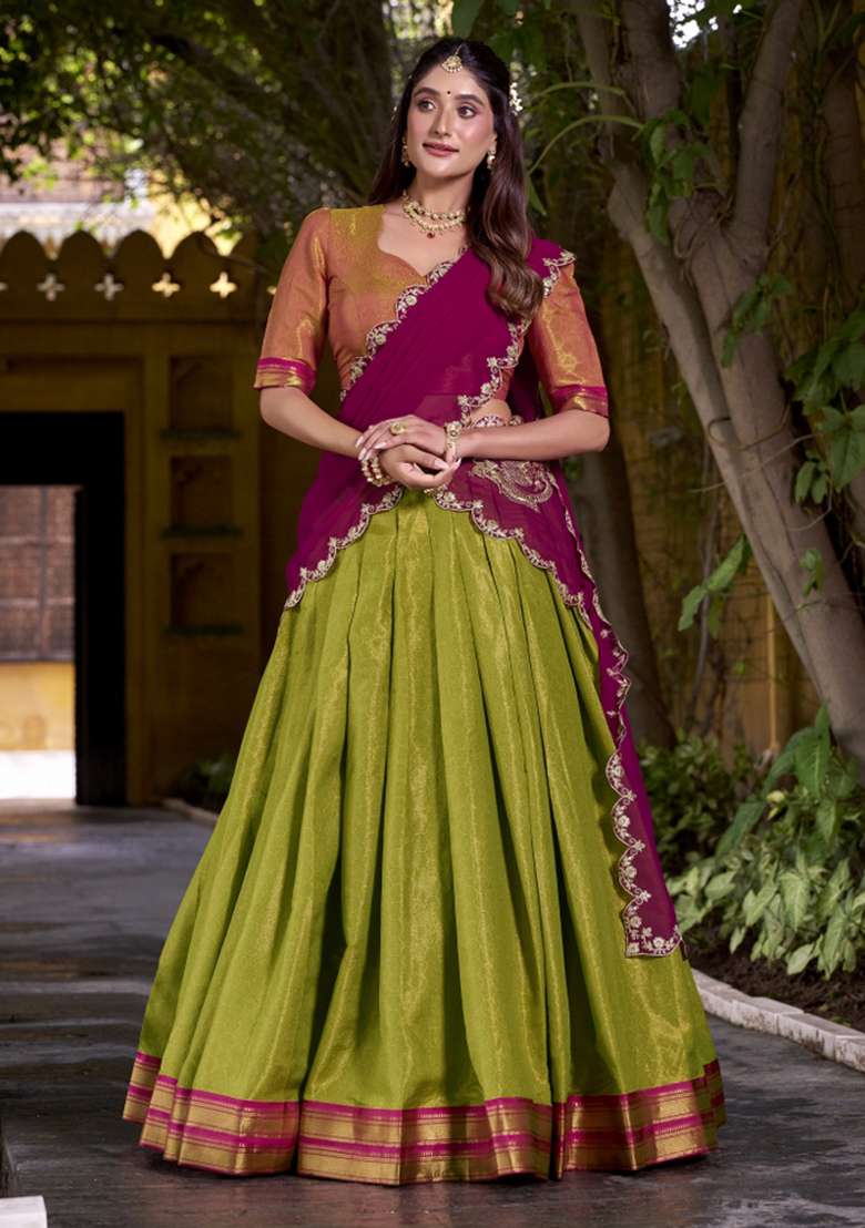 Navy Blue Zari Work Silk Lehenga Set - Indya