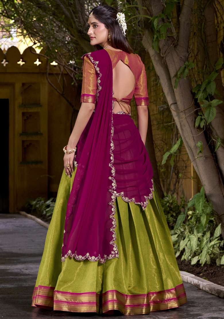 Navy Blue Zari Work Silk Lehenga Set - Indya