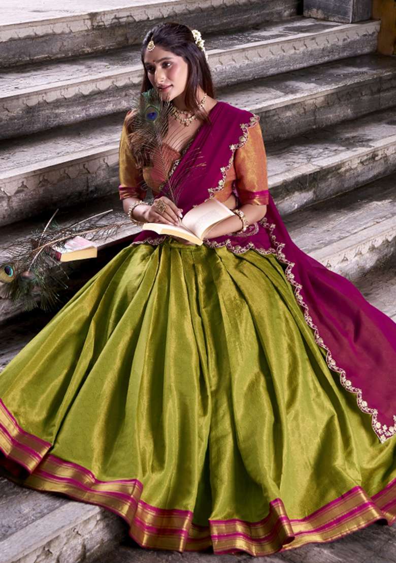 Navy Blue Zari Work Silk Lehenga Set - Indya
