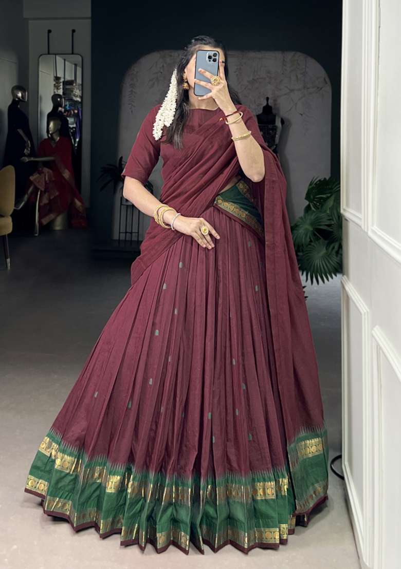 Navy Blue Zari Work Chanderi Lehenga Set - Indya
