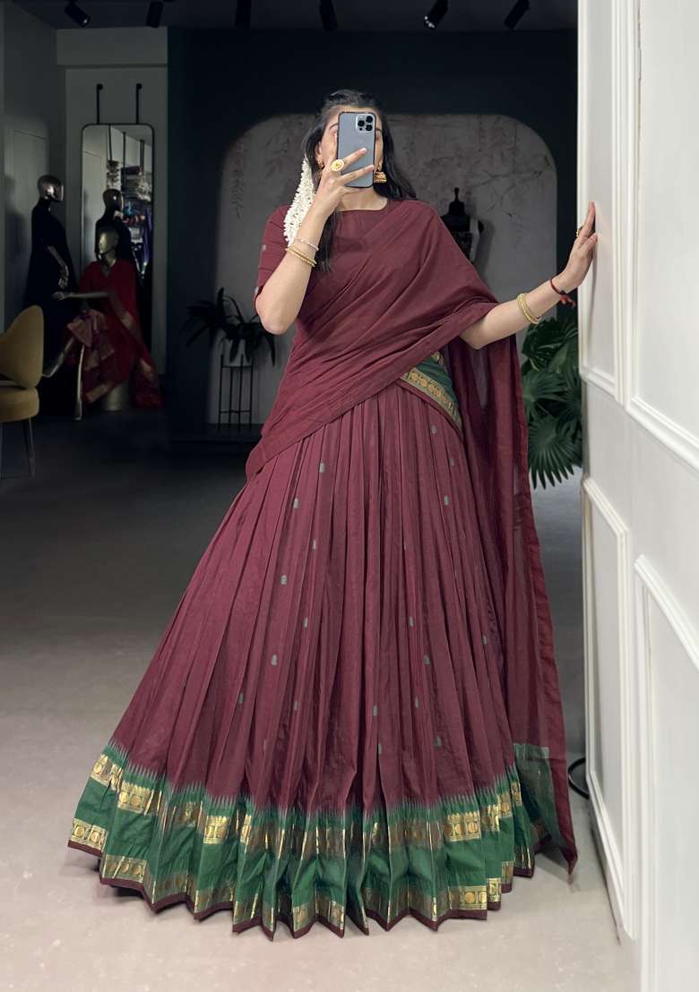 Navy Blue Zari Work Chanderi Lehenga Set - Indya