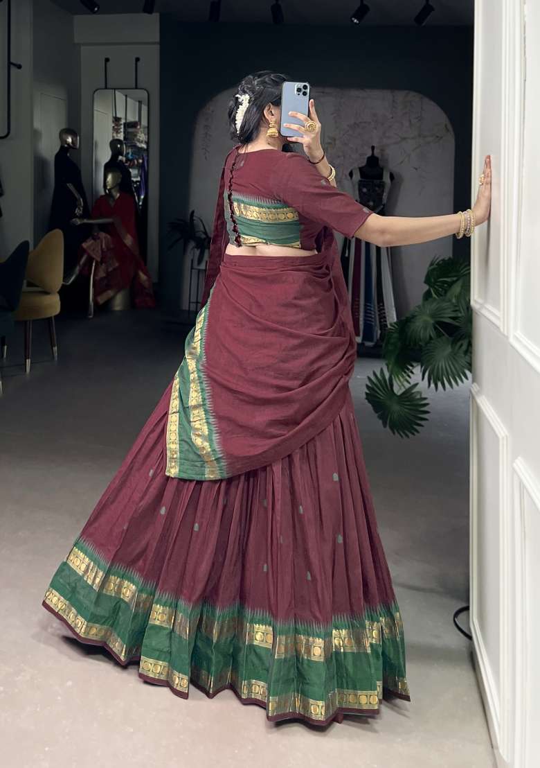 Navy Blue Zari Work Chanderi Lehenga Set - Indya