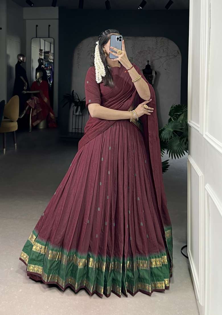 Navy Blue Zari Work Chanderi Lehenga Set - Indya