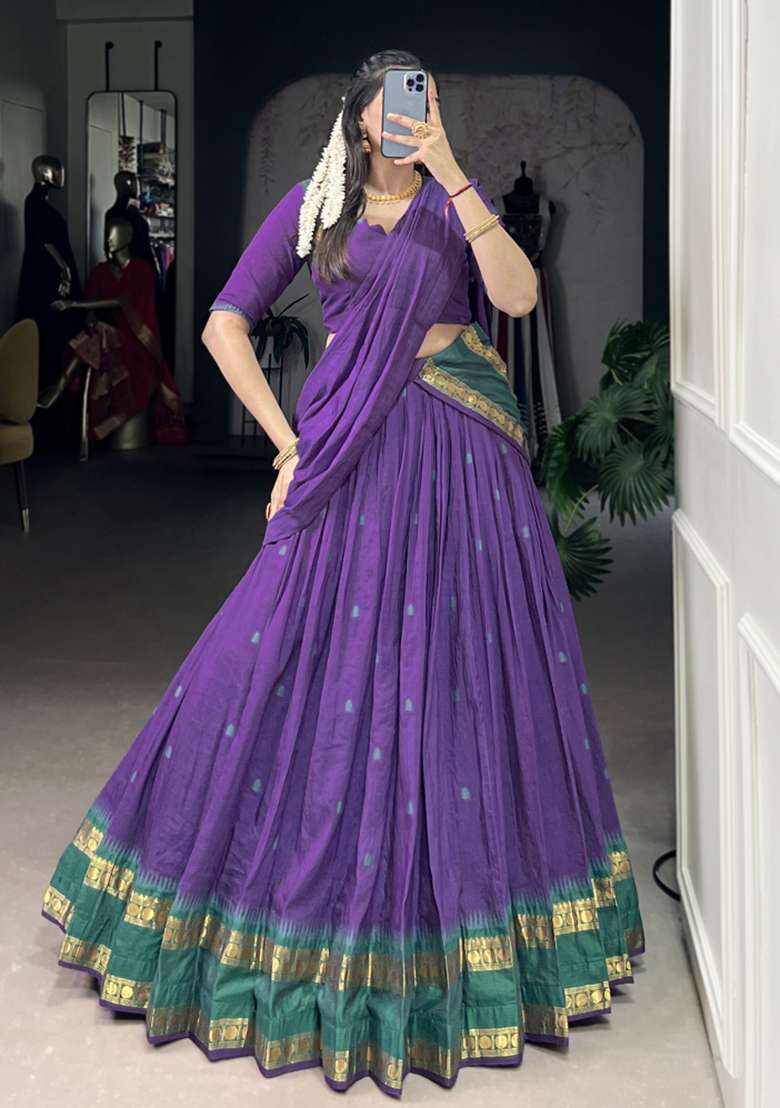 Navy Blue Zari Work Chanderi Lehenga Set - Indya