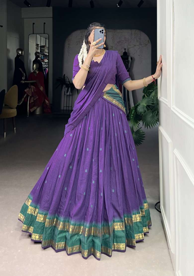 Navy Blue Zari Work Chanderi Lehenga Set - Indya