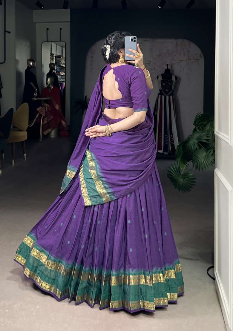 Navy Blue Zari Work Chanderi Lehenga Set - Indya