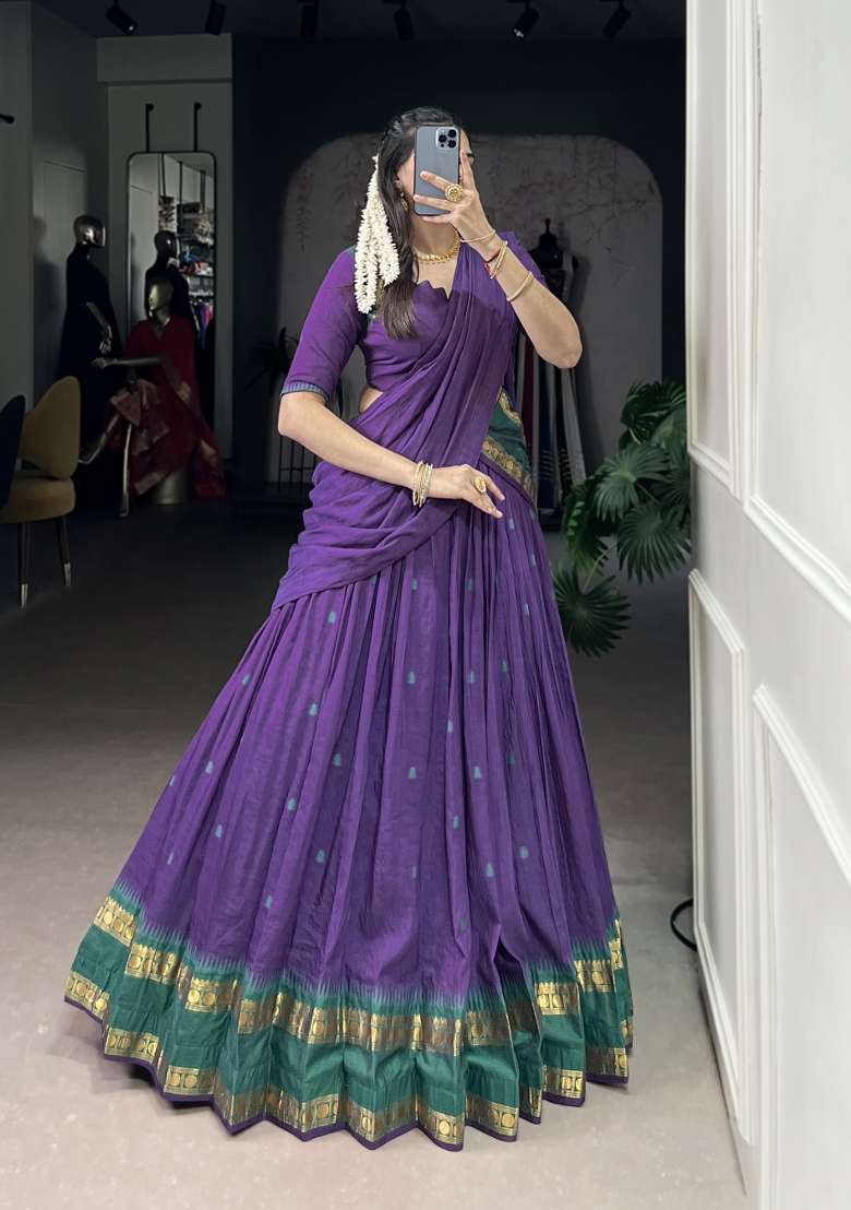 Navy Blue Zari Work Chanderi Lehenga Set - Indya