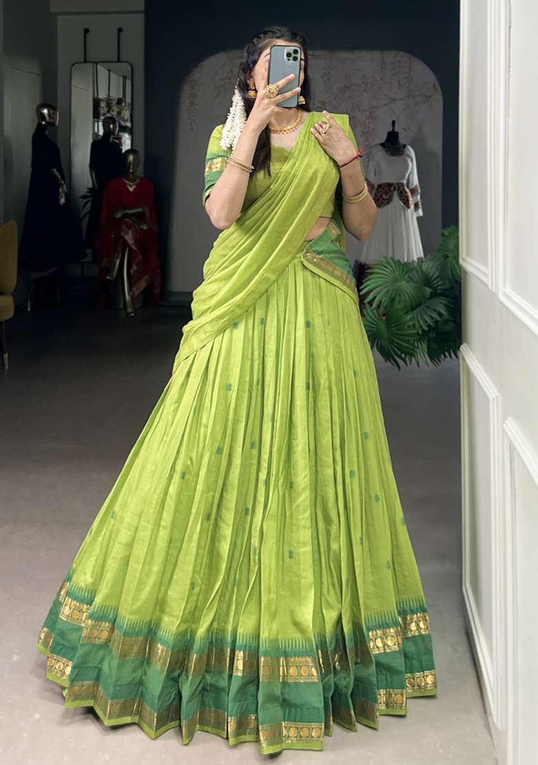 Navy Blue Zari Work Chanderi Lehenga Set - Indya