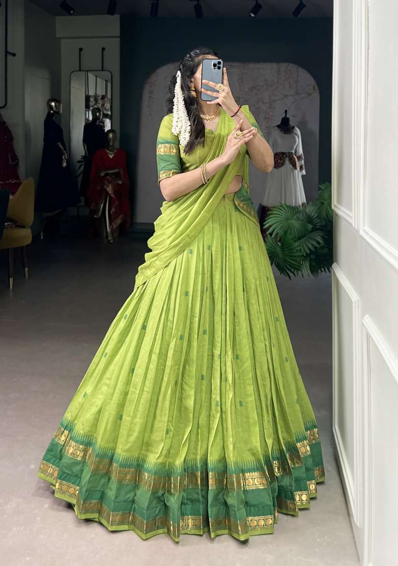 Navy Blue Zari Work Chanderi Lehenga Set - Indya