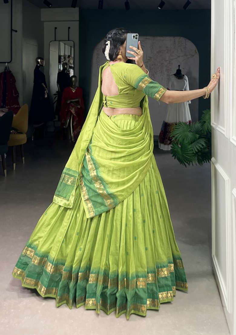Navy Blue Zari Work Chanderi Lehenga Set - Indya