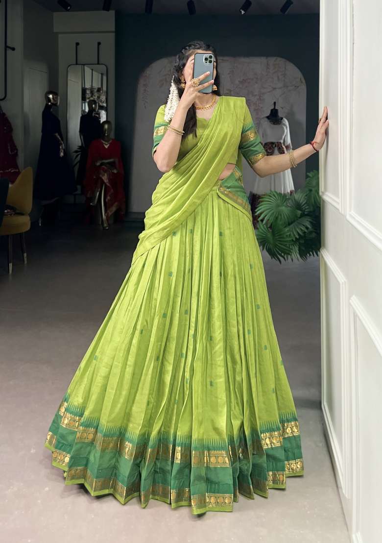 Navy Blue Zari Work Chanderi Lehenga Set - Indya