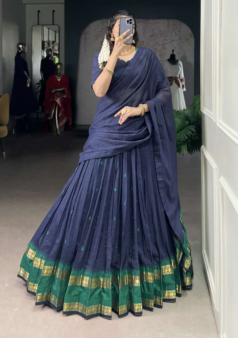 Navy Blue Zari Work Chanderi Lehenga Set - Indya