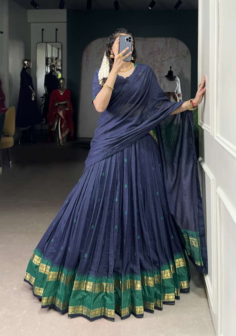 Navy Blue Zari Work Chanderi Lehenga Set - Indya